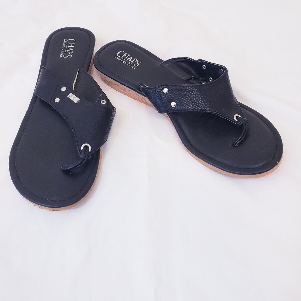 Chaps Black Memory Foam Flip Flops Tan Cork Bottom Size 7M 8M Medium
